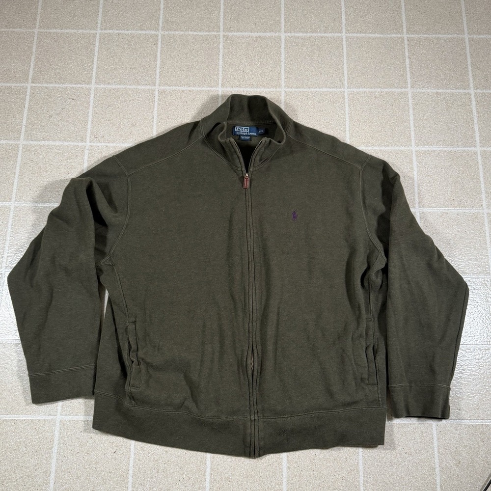 Vintage Polo Ralph Lauren Green Full Zip Mock Neck Ribbed Sweater Size XXL